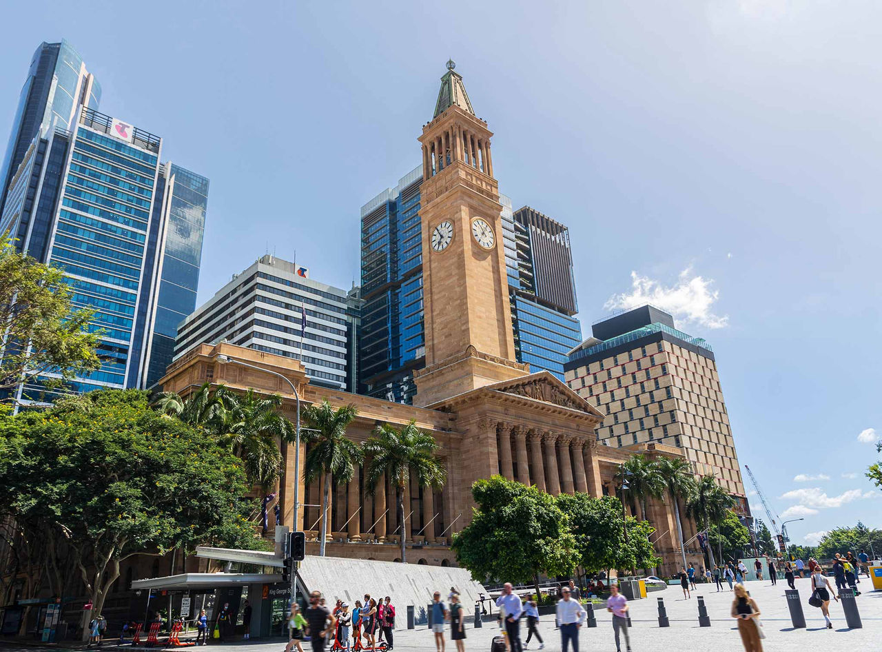 A daytime image across King George Square towards Brisbane City Hall.