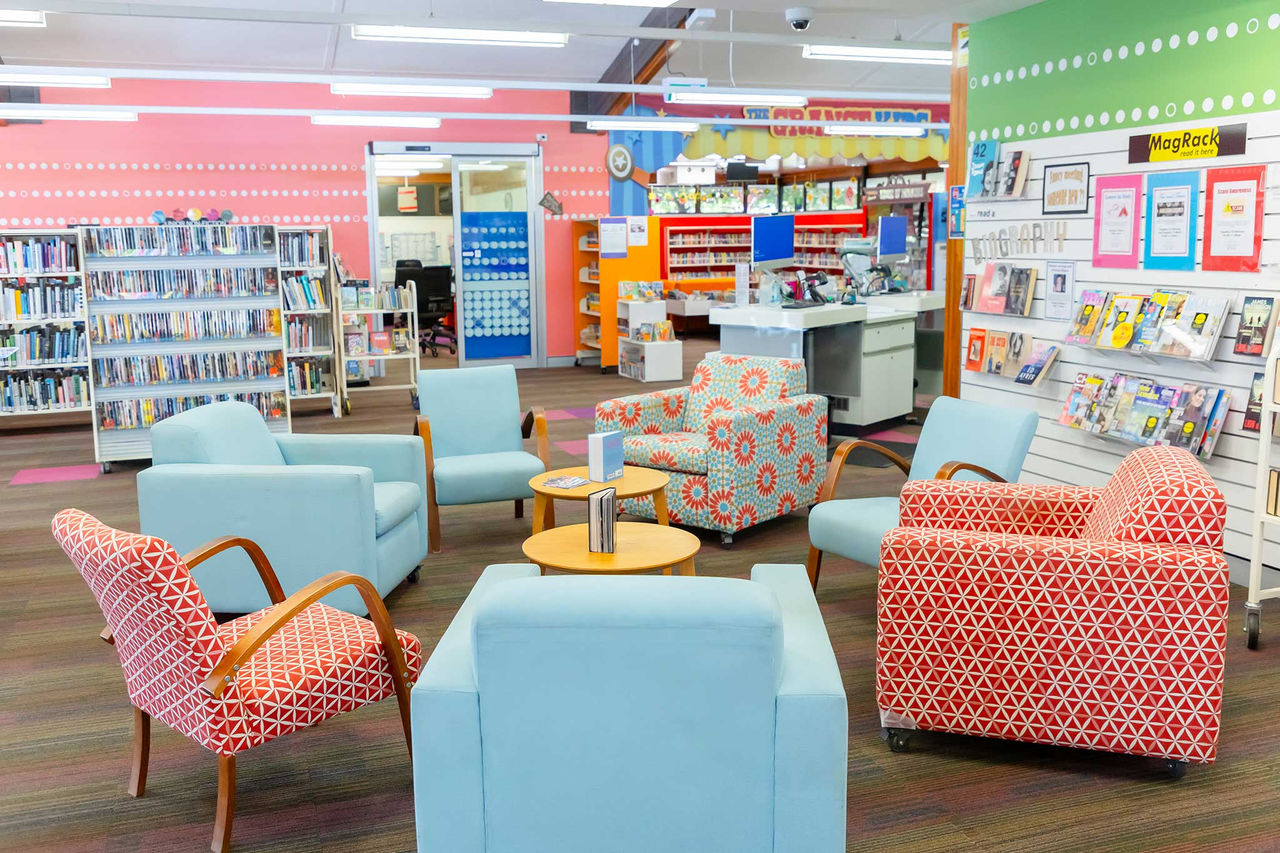 Large, colourful sofa chairs at Grange Library.