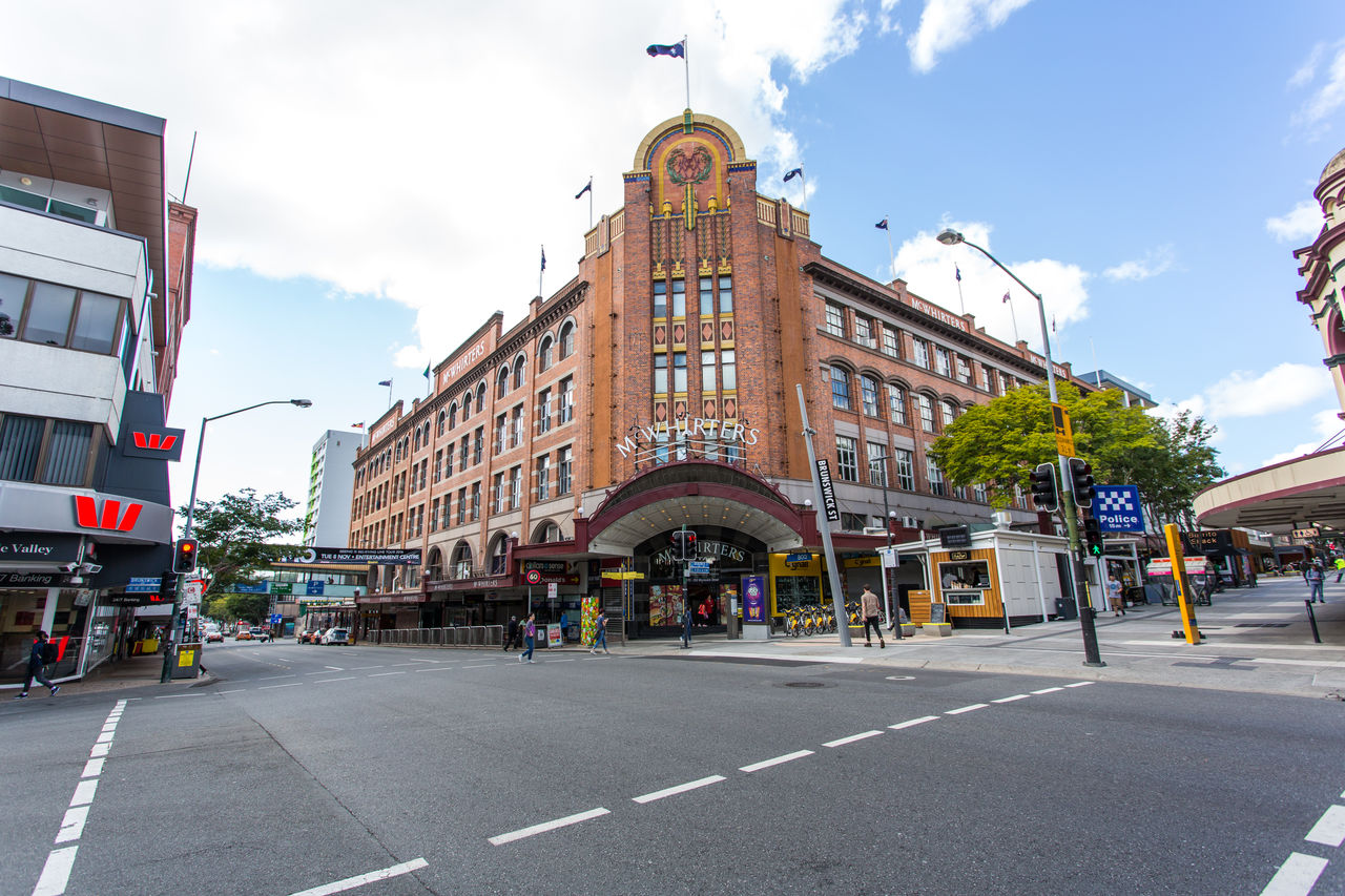 A view across the intersection to the McWhirters building, Fortitude Valley.
