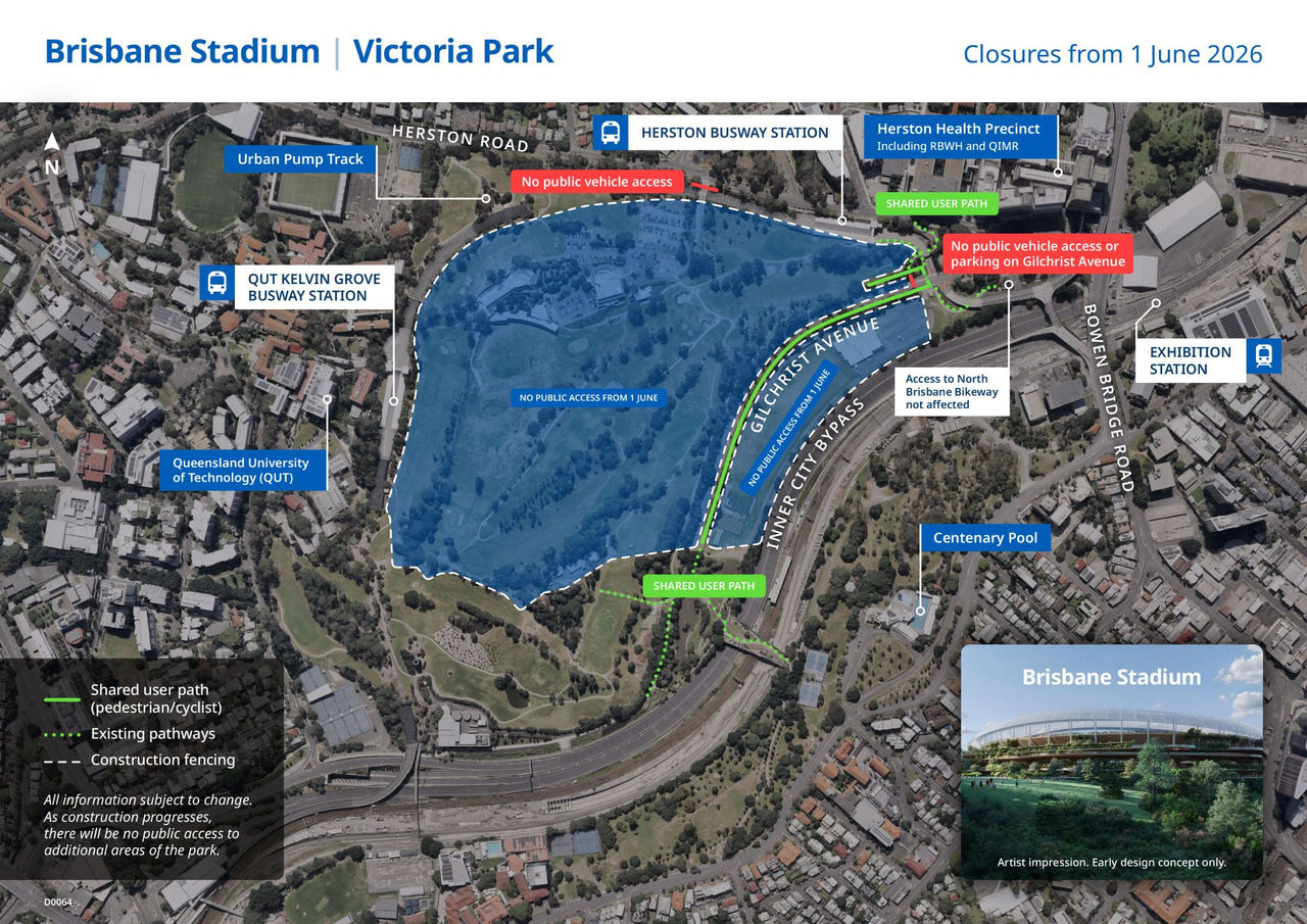 This map shows areas closed to the public at Victoria Park / Barrambin. 