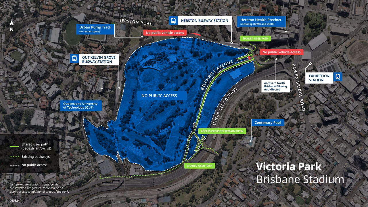 This map shows areas closed to the public at Victoria Park / Barrambin.