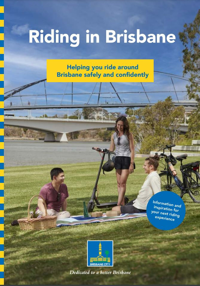 Front cover of Riding in Brisbane document. Subheading says - Helping you ride around Brisbane safely and confidently.