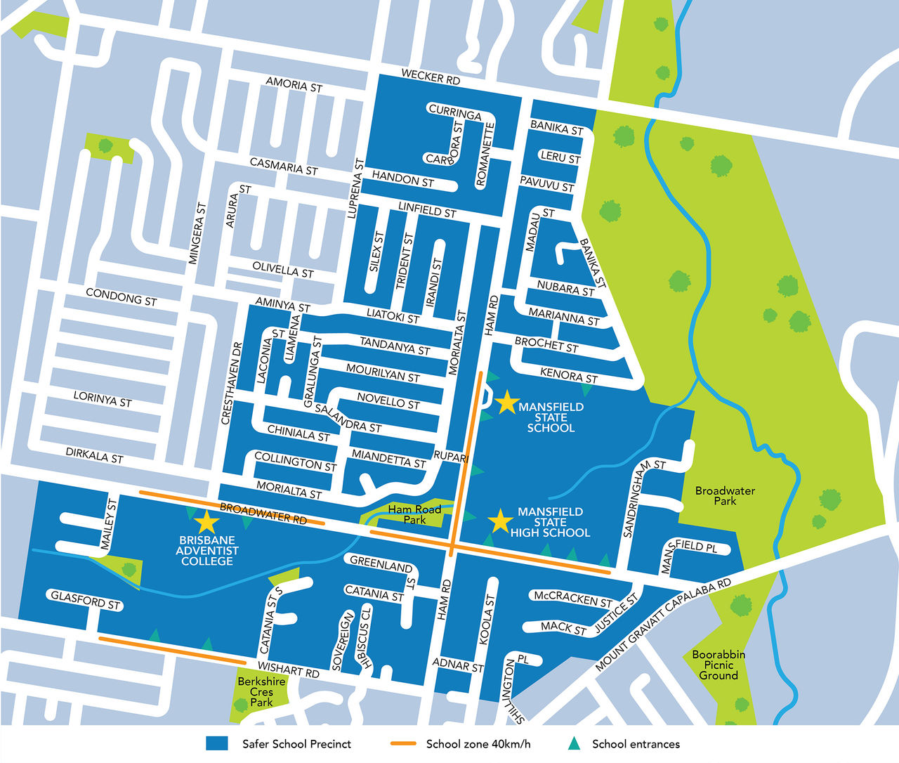This image shows a map of the Mansfield Safer School Precinct area.