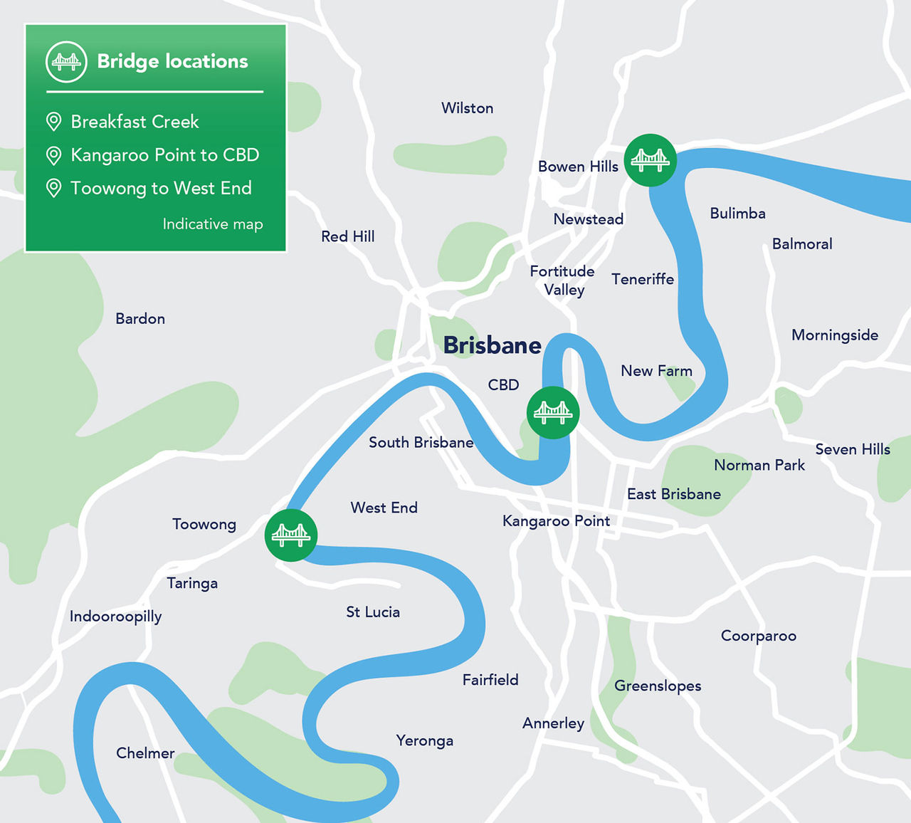 This is a Bridges for Brisbane map showing bridge locations for Breakfast Creek, Kangaroo Point to CBD and Toowong to West End. It is an indicative map only.