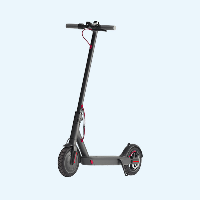 Black electric scooter with handles on a blue background.