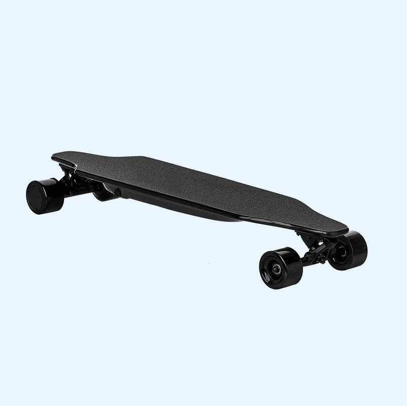 Black electric skateboard on a blue background.