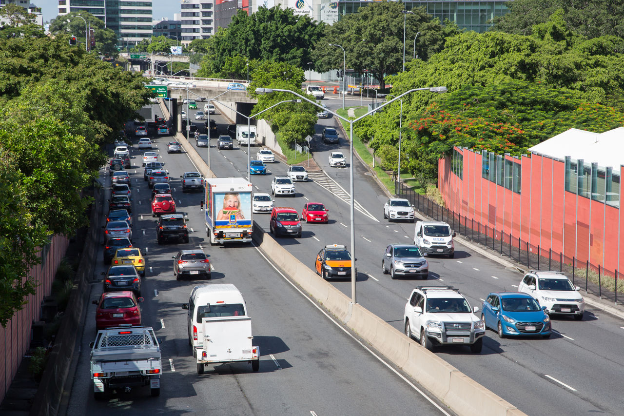 Traffic moving in both directions along Inner City Bypass near Suncorp Stadium, Milton.