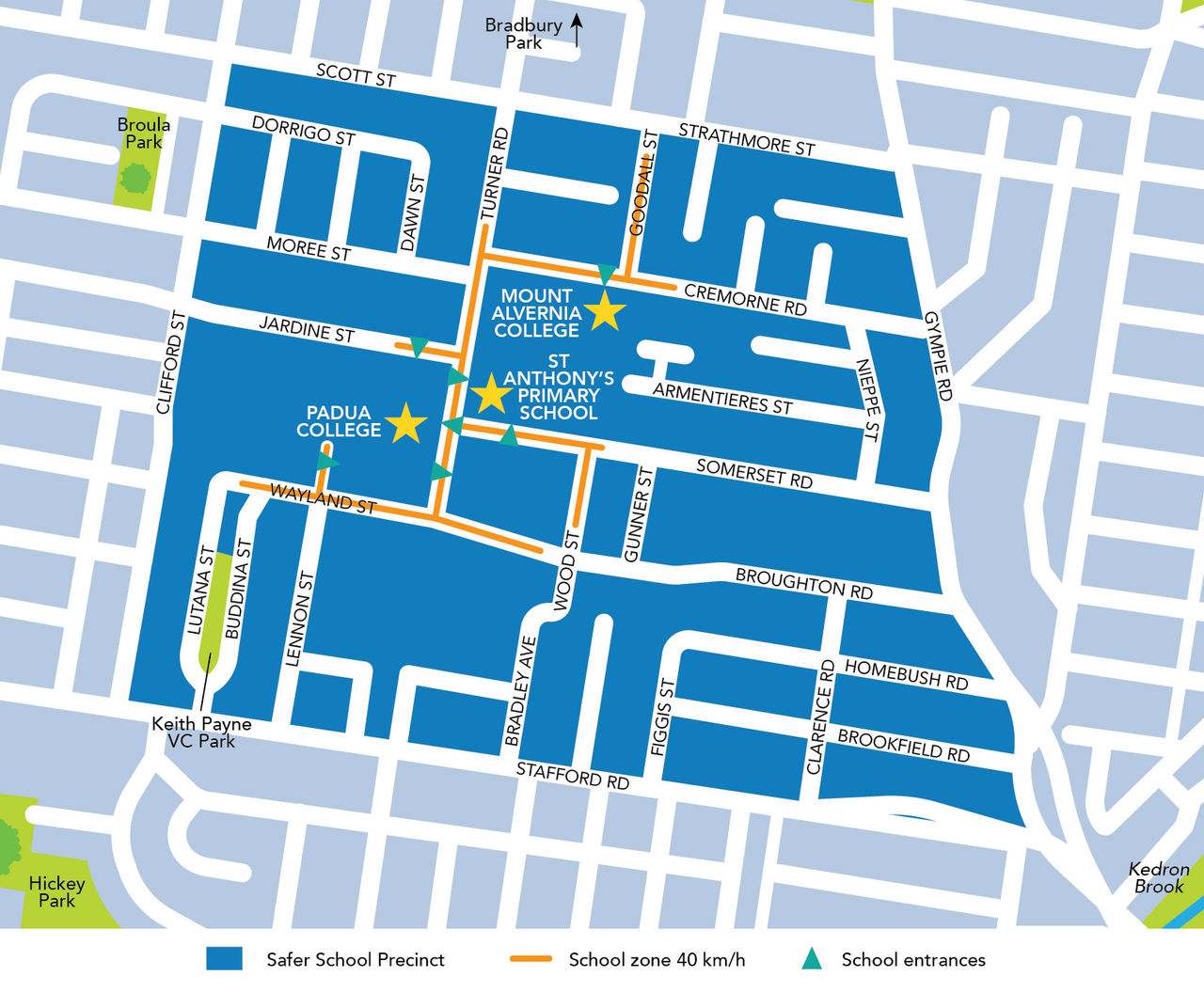 This image shows a map of the Kedron Safer School Precinct area.