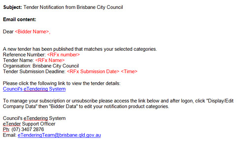 Example screenshot of a tender notification email