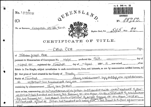 Certificate of title made out to Celia Cox dated 12 April 1885