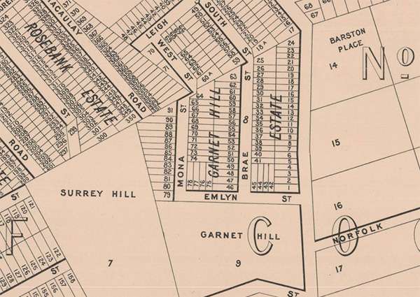 Historic planning map showing Garent Hill and land plots within the estate