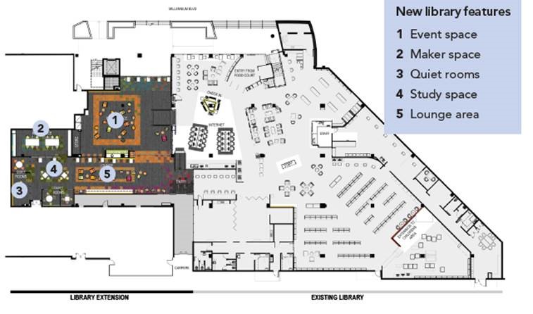 Floor plan of library extension. Area 1 is event space. Area 2 is maker space. Area 3 is quiet rooms. Area 4 is study space. Area 5 is lounge area.