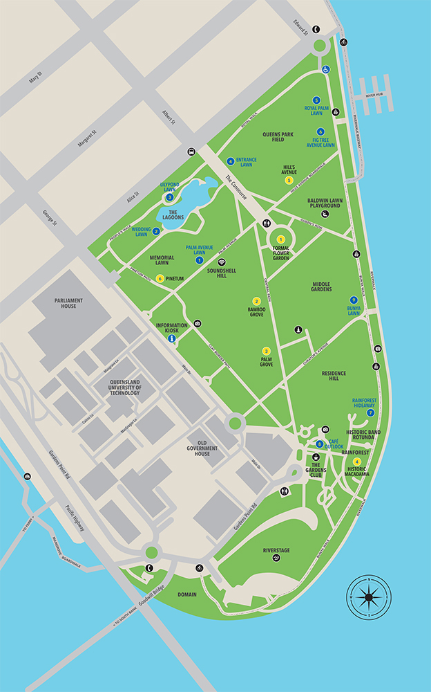 This image shows a map of the bookable event sites in the City Botanic Gardens, Brisbane City. The map includes the following landmarks - Information Kiosk, Walter Hill Fountain, The Gardens Club, Riverstage, Bunya Walk and all-abilities playground. The nine bookable event sites are: 1. Palm Avenue Lawn; 2. Wedding Lawn; 3. Lilypond Lawn; 4. Entrance Lawn; 5. Royal Palm Lawn; 6. Fig Tree Avenue Lawn; 7. Rainforest Hideaway; 8. Cafe Outlook; 9. Bunya Lawn. 