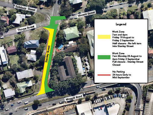The map is north facing and shows the intersection of Moggill Road and Stanley Street at the bottom and the intersection of Vincent Street, Thorpe Street, Salisbury Street and Stanley Street at the top. 