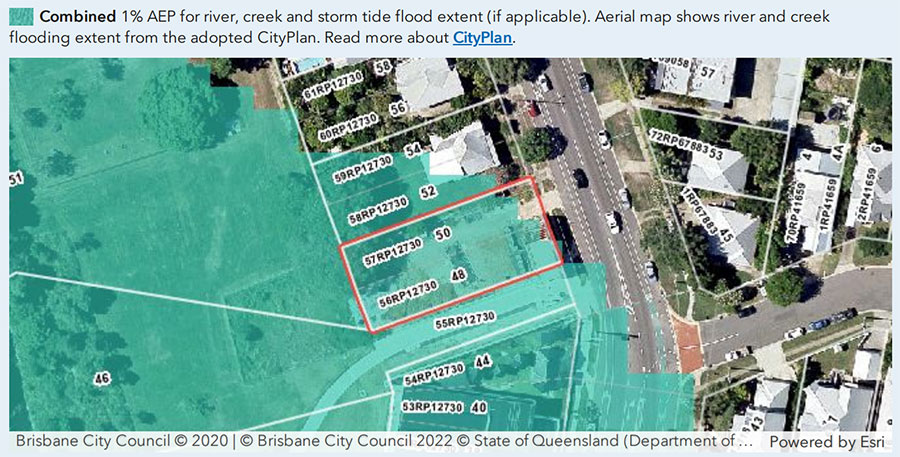 An aerial view of the property and surrounding area is included in the FloodWise Property Report. This shows the property outlined in red and the lot number. The green shading shows the combined 1% AEP for river, creek, and storm tide flooding extents as adopted in City Plan. The aerial map does not show overland flow flooding.