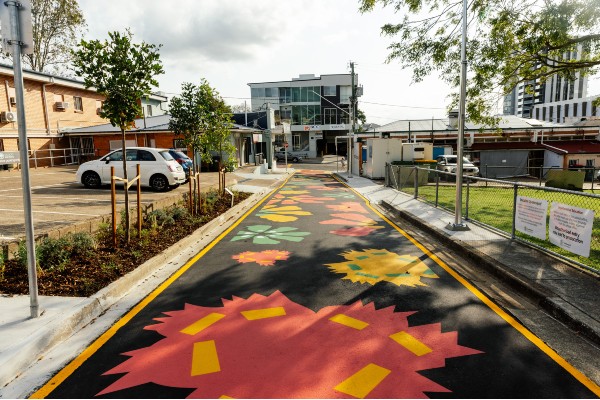 Image shows completed artwork on Tarlina Lane. Works undertaken for the Coorparoo Junction Village Precinct Project.