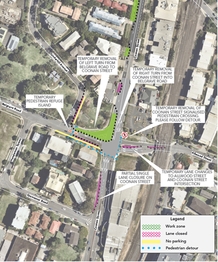 The map shows Coonan Street running north to south with Underhill Avenue on the west of Coonan Street. At the Northern end of Coonan Street there are two patches of green shaded in that shows the work zone and further south is a patch of pink that indicates a partial lane closure. 
