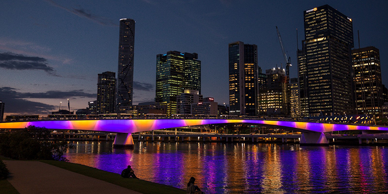 Victoria Bridge purple and yellow light up