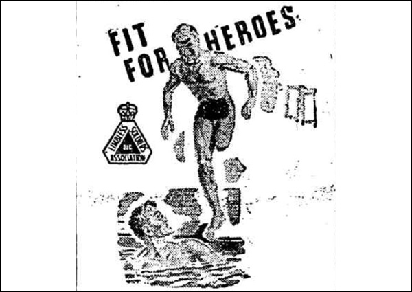 This black and white image of the 1945 Returned Limbless Sailors and Soldiers Association (RLSSA) '£35,000 Appeal' advertisement. It includes the headline "Fit for Heroes" and shows a hand-drawn picture of a man with one leg wearing bathers standing above a man in a pool. A logo on the left has the words "Limbless Soldiers Association" on the inside edges of a triangle  with a crown on top.