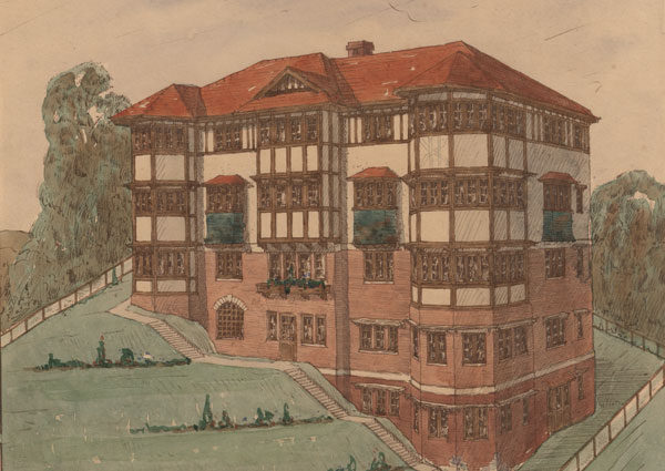 This is an image of watercolour illustration of proposed brick flats for Mrs H. W. Dore. It shows a split level building on a hill, with lower side as 5 storeys and the higher side as 3 storeys. It appears to be a brick and masonry building with a tiled, hipped roof and features a pathway next to the building along the hillside.
