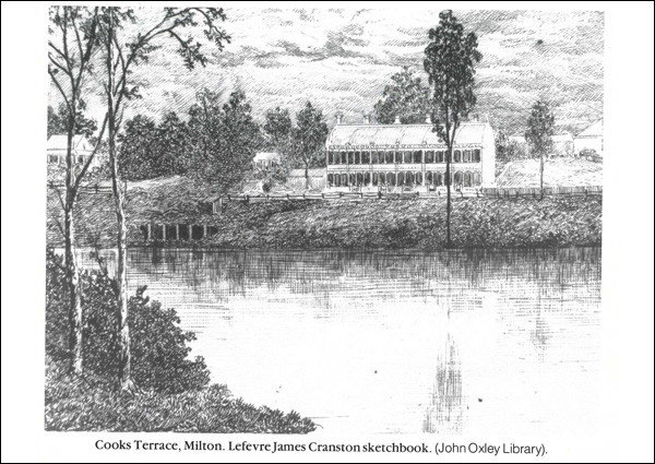 This black and white image shows a sketch of a Cook Terrace by Lefevre James Cranston circa 1892-93. A view from across river, the  2-storey rectangular building has short-stacked chimneys in a neat row along the roof, and a row of verandahs with ornate railings along the length of each level.