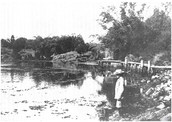 This is a black and white photograph of a boy standing on the rocky riverbank at Kayes Rocks. He is looking at the river and wears a light suit with long-sleeved jacket, shorts, and broad-brimmed hat. and the riverbank appears rocky and unkempt. The water looks still. There are tall trees along the riverbank and a wooden wharf can be seen in the background.