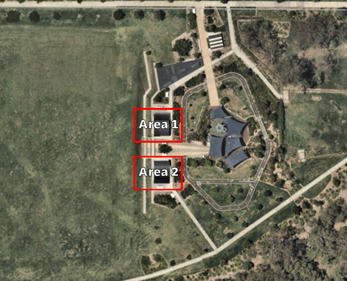 Image is a satellite image of Pallara Park and the two booking sites are indicated via highlighted boxes. The sites are picnic areas located adjacent to the playground area. Area 1 is the northern site, with Area 2 being the southern site.