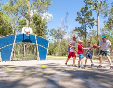 Fun basketball skills and games at a basketball court