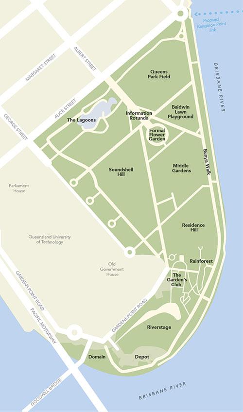 This is a map of the City Botanic Gardens. The Gardens are located in Brisbane’s Central Business District and are bordered by the Brisbane River, Queensland Parliament House, Goodwill Bridge, Queensland University of Technology, George Street and Alice Street. Access to the City Botanic Gardens is either from the Goodwill Bridge, Alice Street or George Street entrances. In the Gardens the Lagoons, Queens Park Field, the Information Rotunda, the Baldwin Lawn Playground, the Formal Flower Garden, Soundshell 