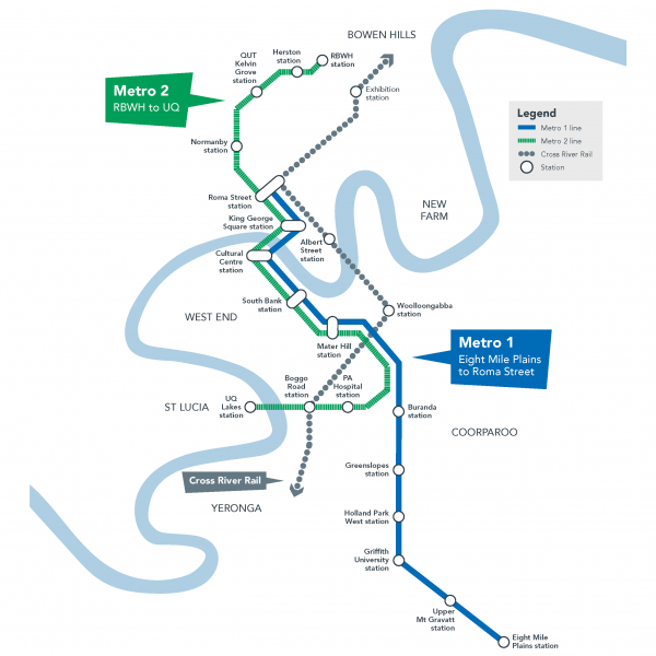 This map shows the Brisbane Metro alignment, connecting 18 stations along dedicated busways between Eight Mile Plains and Roma Street, and Royal Brisbane and Women’s Hospital and University of Queensland.