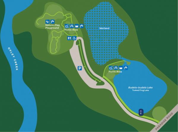 This map shows the location of parkland features for Stage 1 of Warril Parkland. After entering from Paradise Road, Budela-budela Lake is on the right with a picnic area at the top of the lake next to the wetland. The nature-play playground and picnic area are located at the end of the park road.