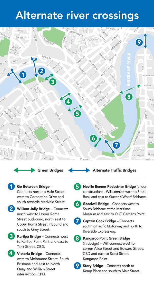 A simple stylised map shows a high-level overview of current and future bridges along the Brisbane River that connect Brisbane CBD and South Brisbane/South Bank.