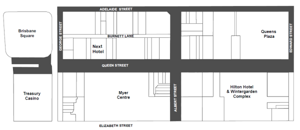 Map showing the location of the Queen Street Mall, including Albert, Adelaide, George and Edward Streets