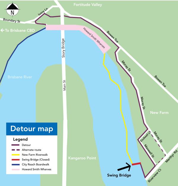 This image illustrates a map of the detour route that can be used to travel between Howard Smith Wharves, the Story Bridge and City Reach Boardwalk and New Farm, whilst the New Farm Swing Bridge is closed. 