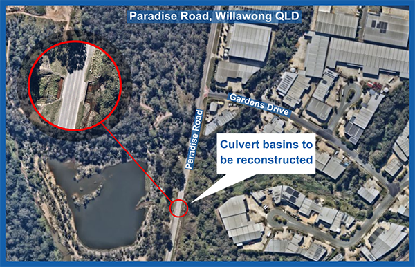 Paradise Road, Willawong, Queensland. Showing map of Calvert basins to be reconstructed on Paradise Road.
